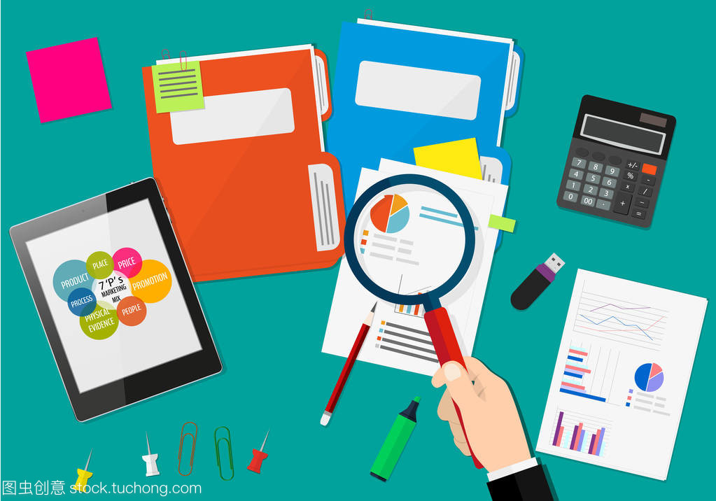 手拿放大鏡,財務(wù)報告的分析。金融審計的概念。審計稅務(wù)處理。市場營銷組合